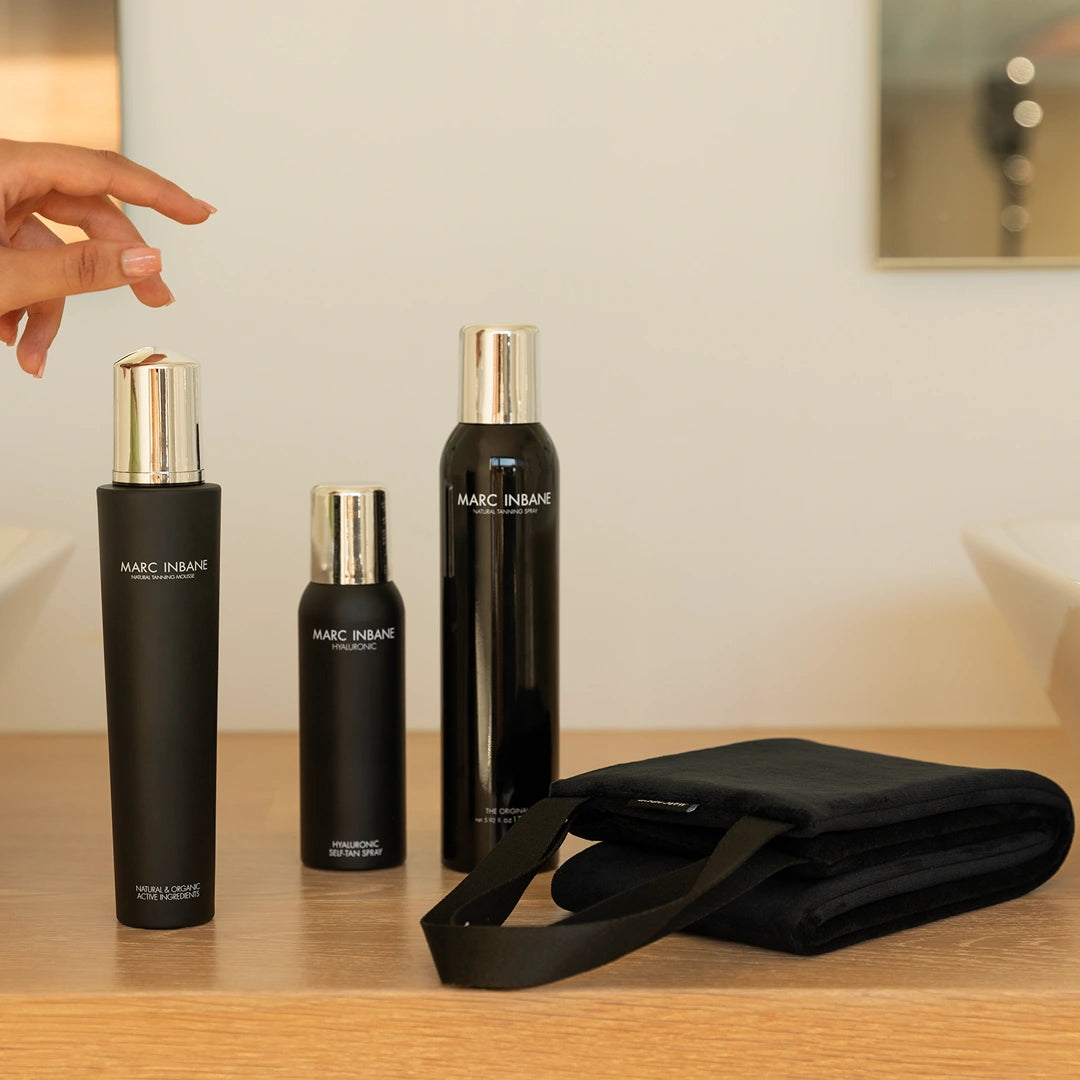 Marc Inbane Back Applicator tillsammans med brun utan sol-produkter från Marc Inbane – perfekt set för helkroppstoning