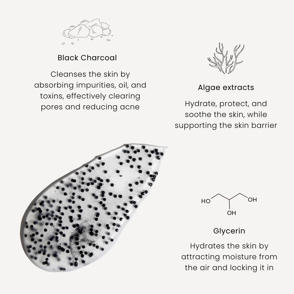 Black Exfoliator från Marc Inbane med aktivt kol, alger och glycerin som rengör porer, återfuktar huden och stärker hudbarriären.