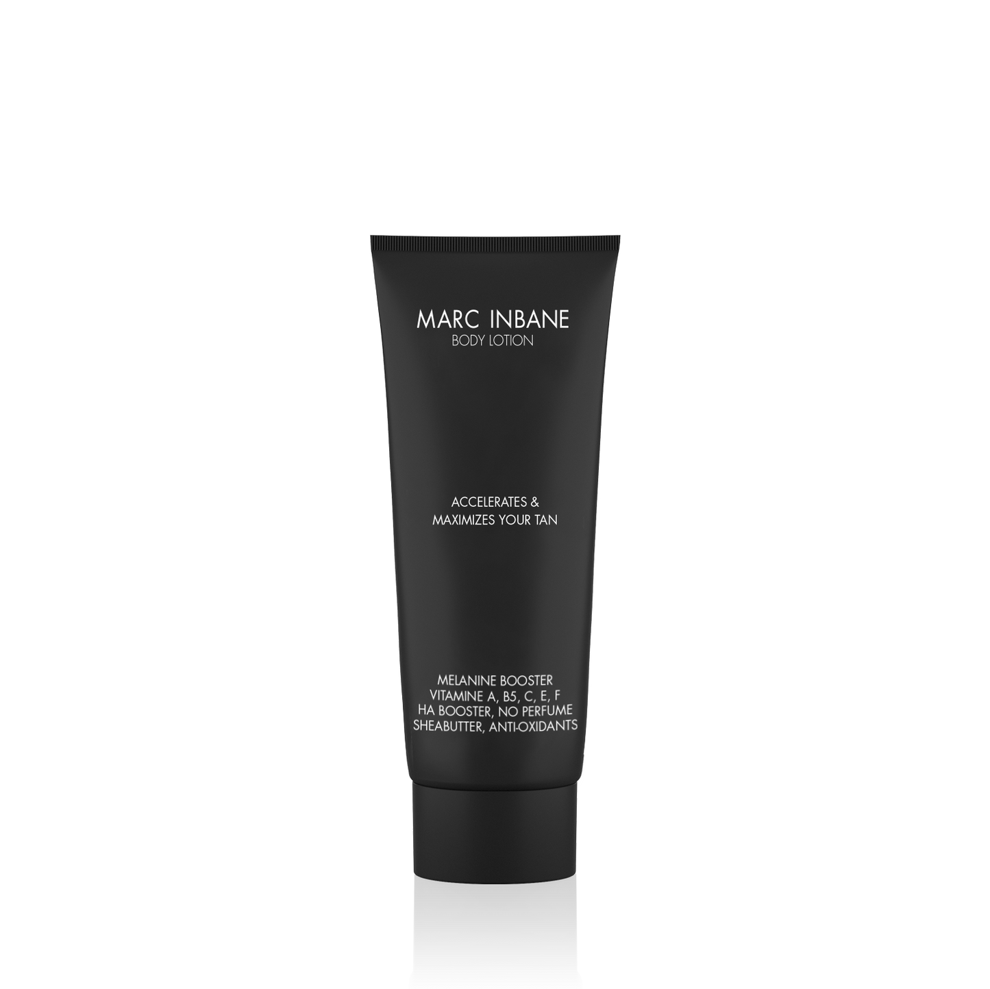 Marc Inbane Prov Body Lotion i svart tub som främjar och maximerar din solbränna med melaninboost och antioxidanter för en jämn och vårdad hud.
