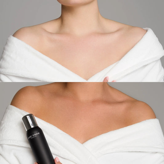 Före- och efterbild som visar resultatet av Marc Inbane Hyaluronic Self-Tan Spray – huden går från ljus till en naturlig solkysst ton.