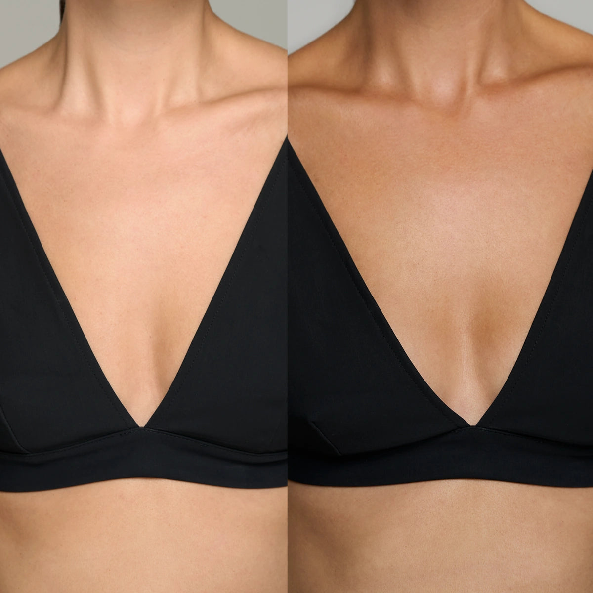 Före- och efterbild på dekolletage som visar resultat av Marc Inbane Natural Tanning Mousse med naturlig och jämn solbrun färg.