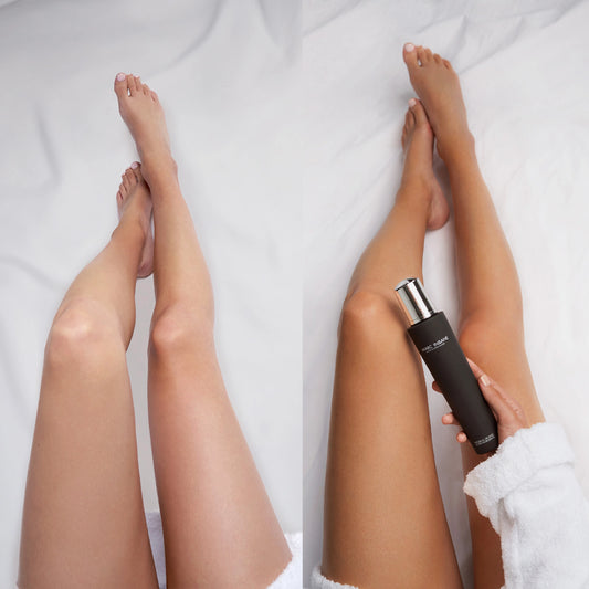 Före- och efterbild på ben som visar effekt av Marc Inbane Natural Tanning Mousse för en jämn och naturlig brun utan sol.