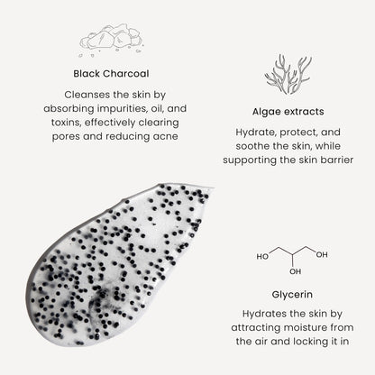 Black Exfoliator från Marc Inbane med aktivt kol, alger och glycerin som rengör porer, återfuktar huden och stärker hudbarriären.