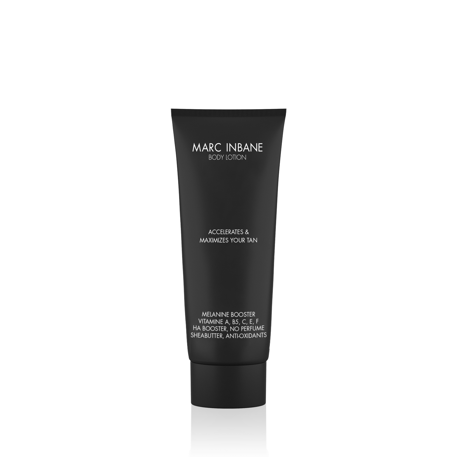 Marc Inbane Prov Body Lotion i svart tub som främjar och maximerar din solbränna med melaninboost och antioxidanter för en jämn och vårdad hud.