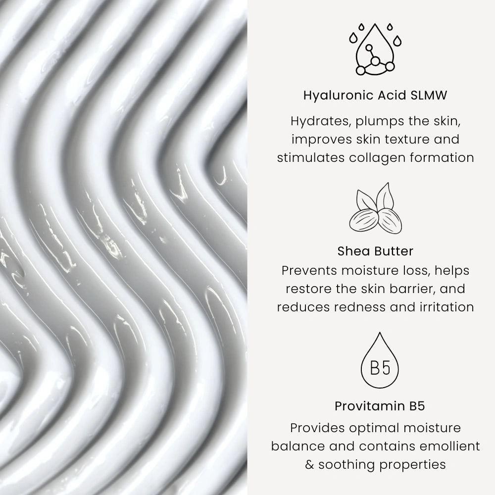 Marc Inbane Body Lotion nyckelingredienser – hyaluronsyra för fukt, sheasmör för hudbarriär och provitamin B5 för lugnande effekt.