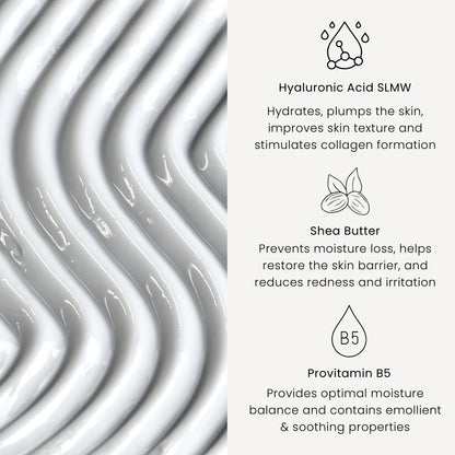 Marc Inbane Body Lotion nyckelingredienser – hyaluronsyra för fukt, sheasmör för hudbarriär och provitamin B5 för lugnande effekt.