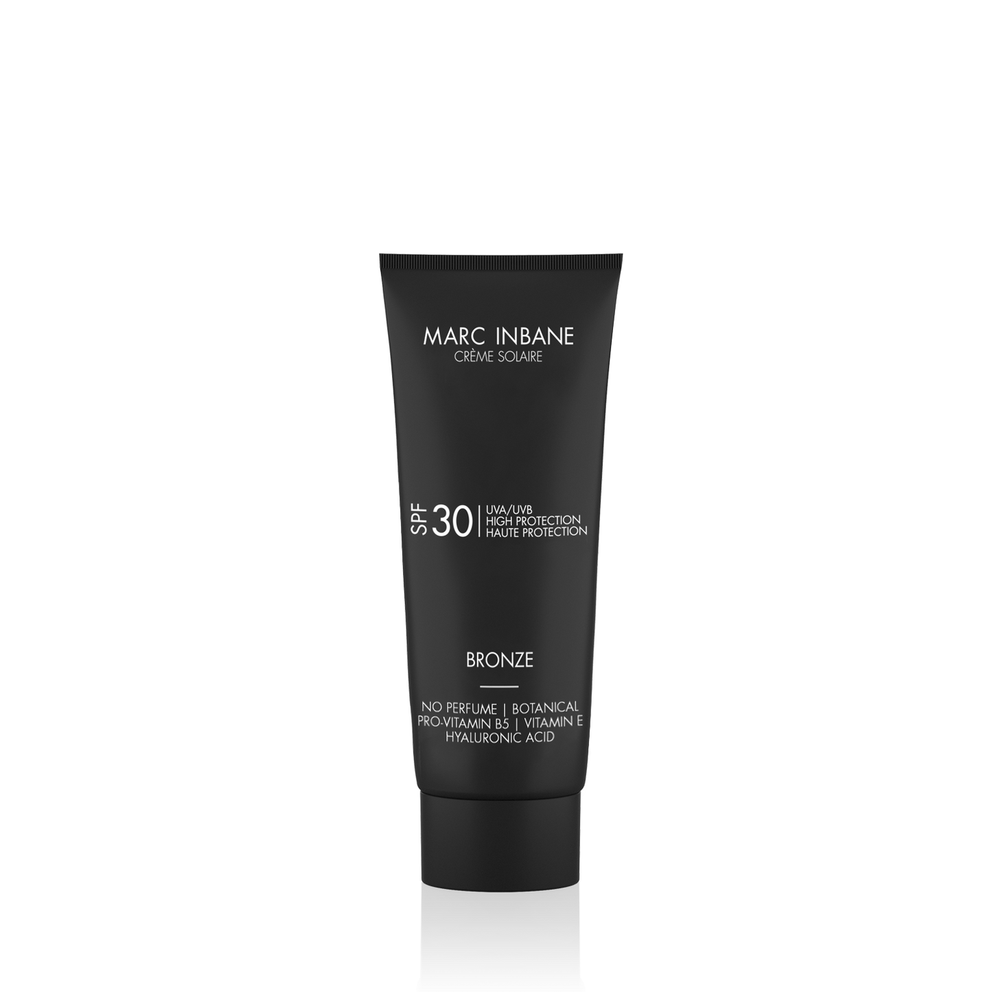 Svart tub med solkräm för självbränna och hög solskyddsfaktor, Marc Inbane Prov Creme Bronze SPF30, designad för naturlig och skyddande hudvård.