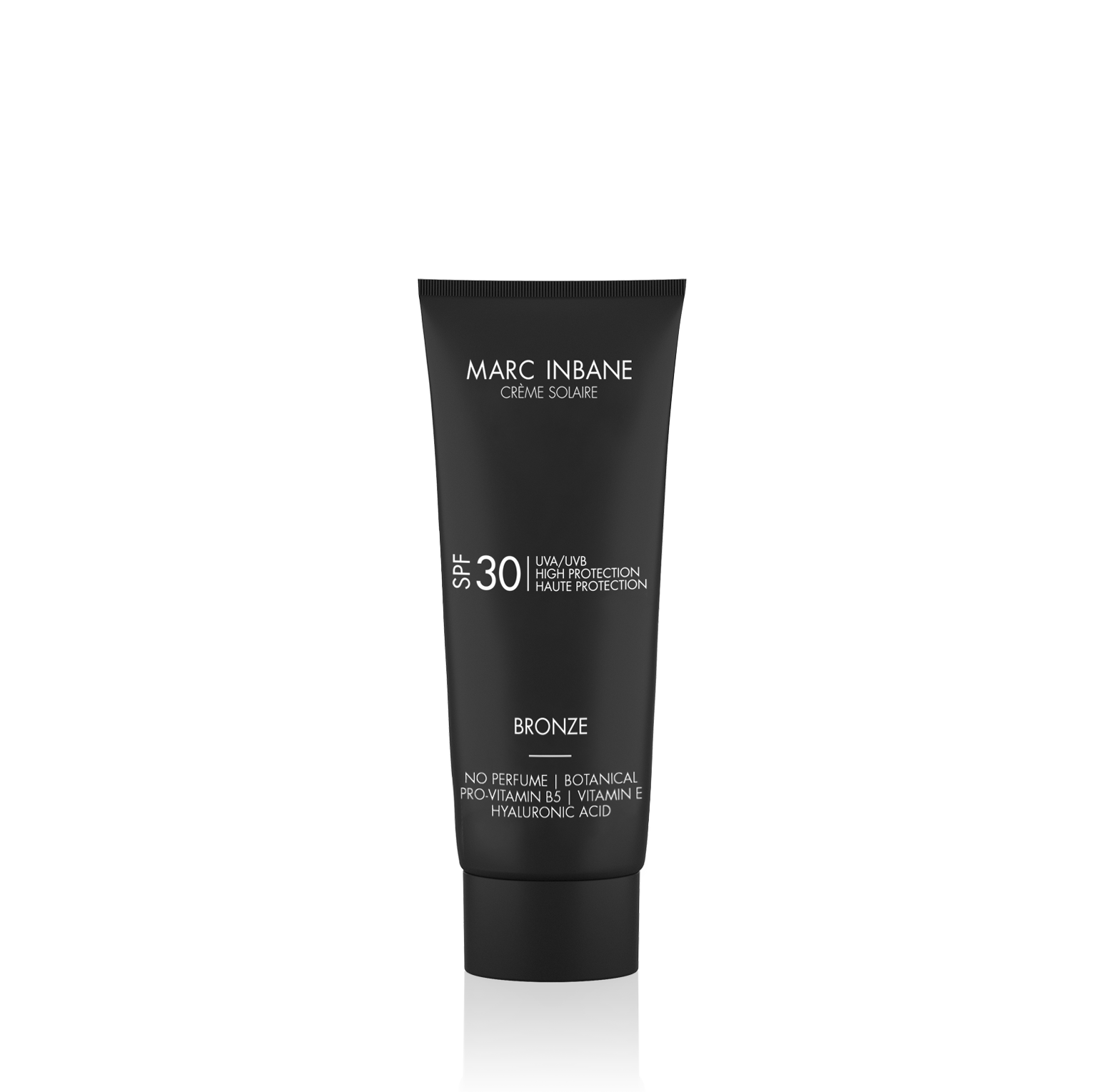 Svart tub med solkräm för självbränna och hög solskyddsfaktor, Marc Inbane Prov Creme Bronze SPF30, designad för naturlig och skyddande hudvård.