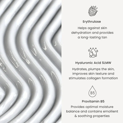 Närbild på vit lotion-textur och listning av nyckelingredienser: Erythrulose mot hudtorrhet, Hyaluronic Acid SLMW för återfuktning och kollagenstimulering, samt Provitamin B5 för fuktbalans och lugnande effekt.