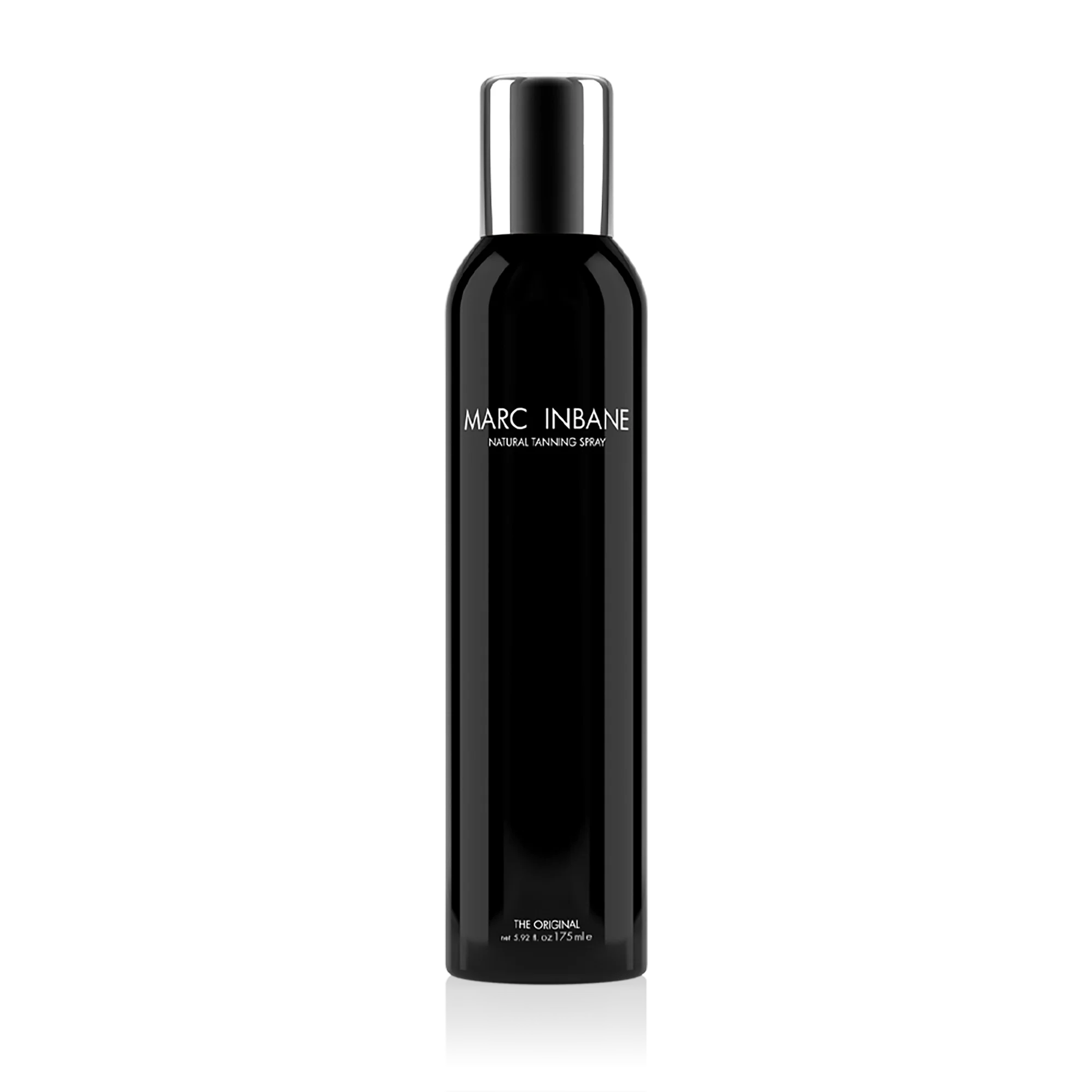 Frilagd produktbild av Marc Inbane Natural Tanning Spray i elegant svart flaska med silverdetaljer.