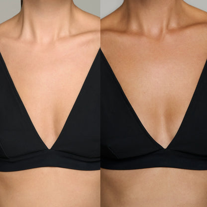 Före- och efterbild på dekolletage som visar resultat av Marc Inbane Natural Tanning Mousse med naturlig och jämn solbrun färg.