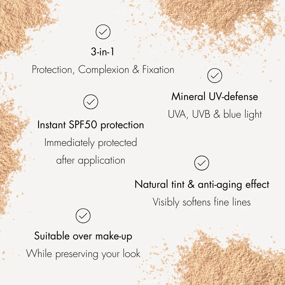 Marc Inbane SPF Powder egenskaper – 3-i-1 skydd, hudton & fixering, SPF50 UVA/UVB skydd, anti-age effekt och lämplig över makeup