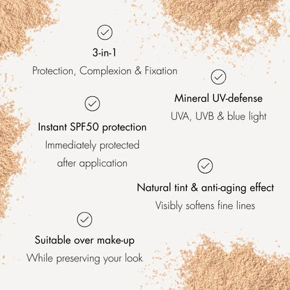 Marc Inbane SPF Powder egenskaper – 3-i-1 skydd, hudton & fixering, SPF50 UVA/UVB skydd, anti-age effekt och lämplig över makeup